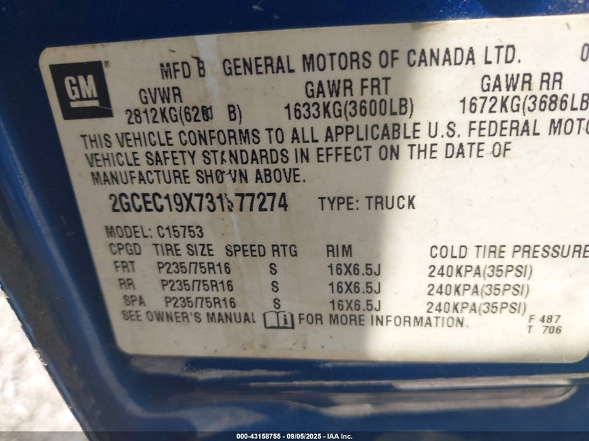 2003 Chevrolet Silverado 1500 Work Truck VIN: 2GCEC19X731377274 Lot: 43158755