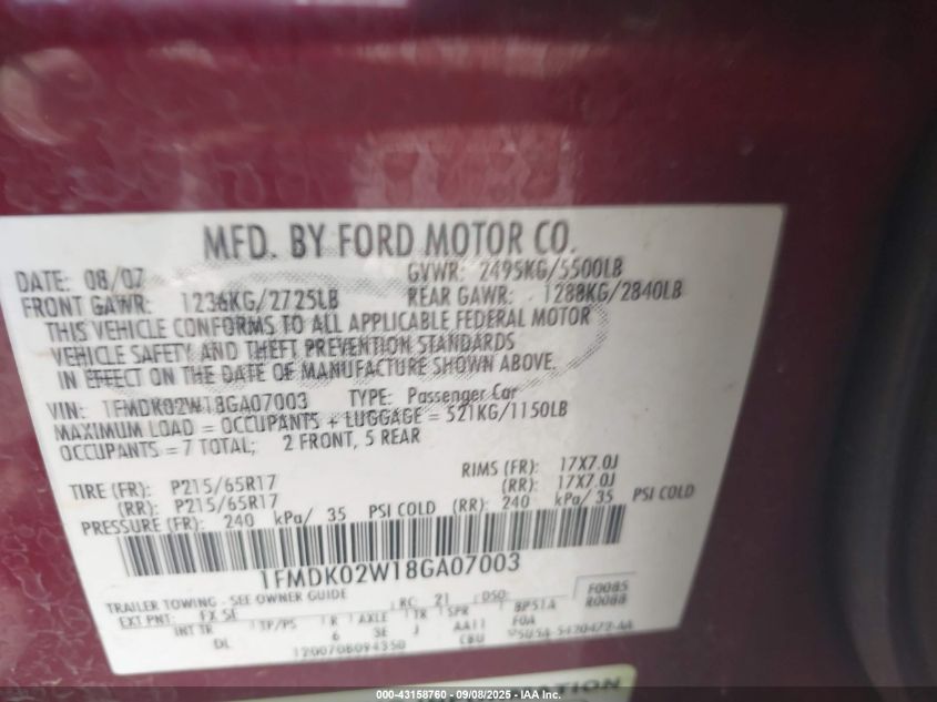 2008 Ford Taurus X Sel VIN: 1FMDK02W18GA07003 Lot: 43158760