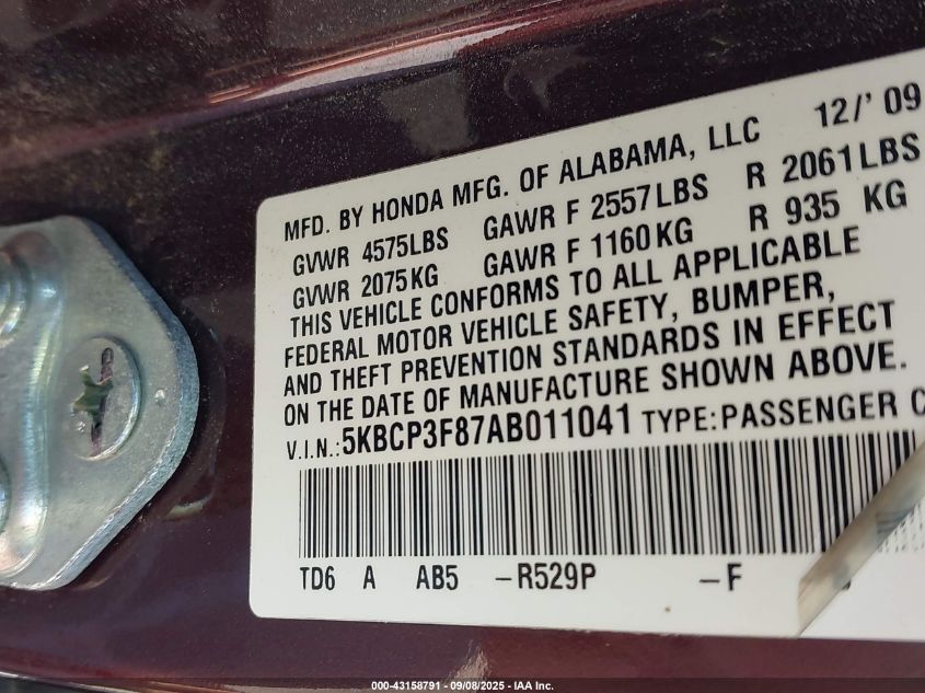 2010 Honda Accord 3.5 Ex-L VIN: 5KBCP3F87AB011041 Lot: 43158791