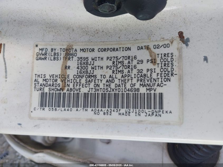 2000 Toyota Land Cruiser VIN: JT3HT05JXY0104698 Lot: 43158805