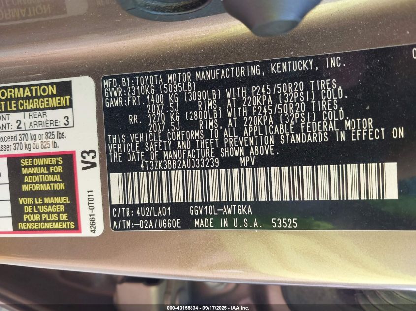 2010 Toyota Venza Base V6 VIN: 4T3ZK3BB2AU033239 Lot: 43158834