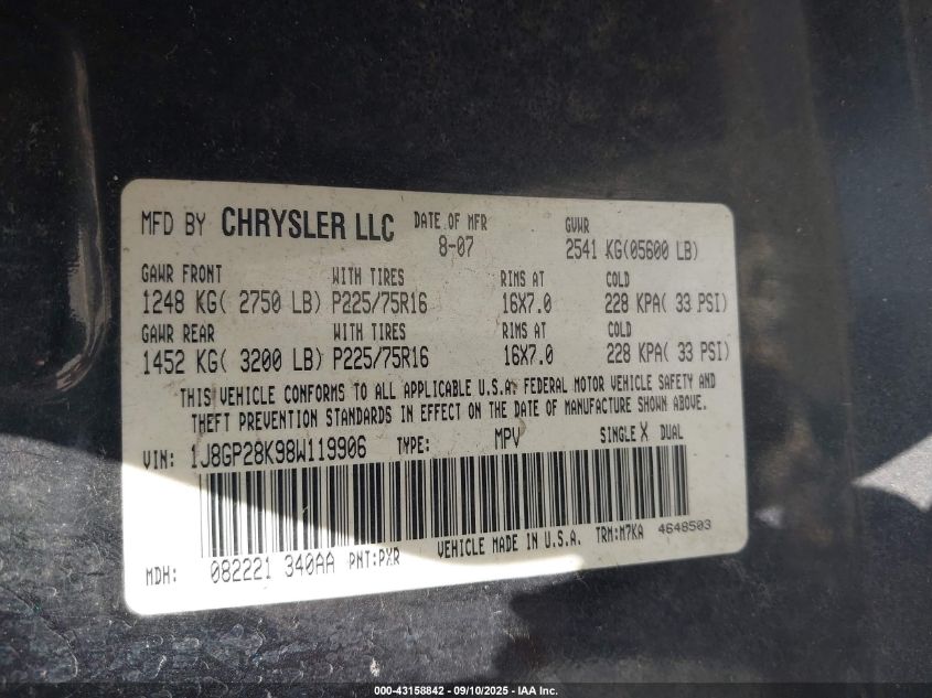 2008 Jeep Liberty Sport VIN: 1J8GP28K98W119906 Lot: 43158842