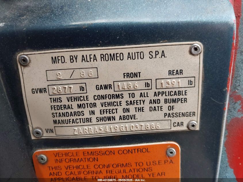 1986 Alfa Romeo Veloce 2000 Spider VIN: ZARBA5419G1037886 Lot: 43158875