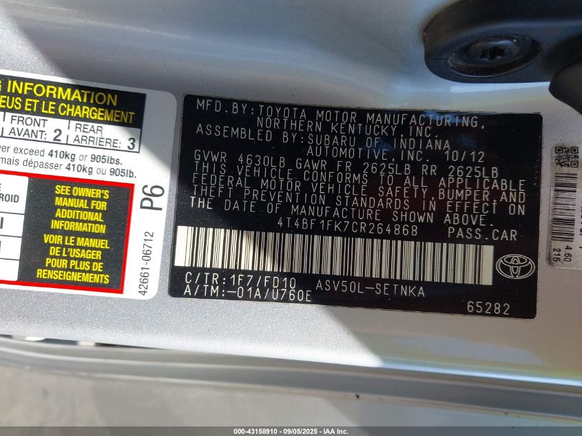 2012 Toyota Camry Le VIN: 4T4BF1FK7CR264868 Lot: 43158910