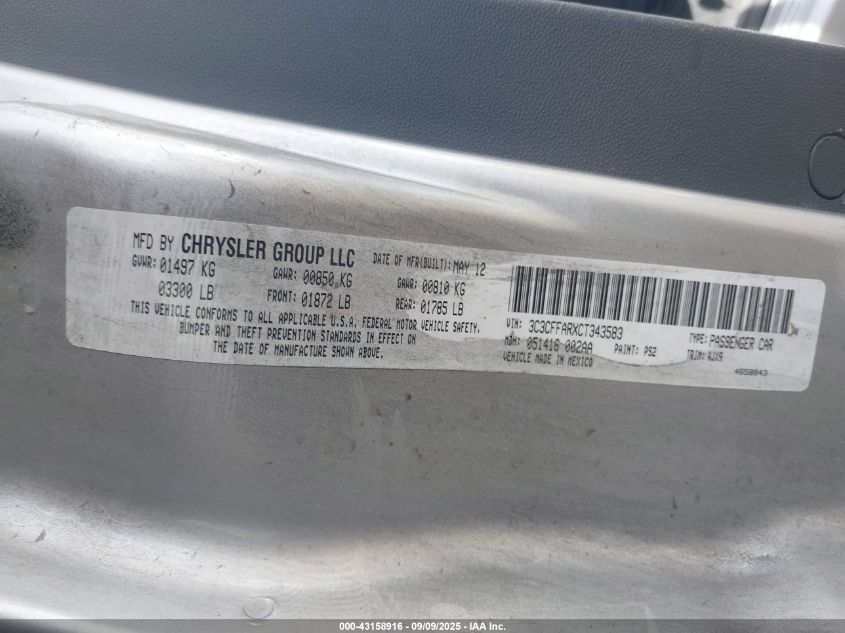 2012 Fiat 500 Pop VIN: 3C3CFFARXCT343583 Lot: 43158916