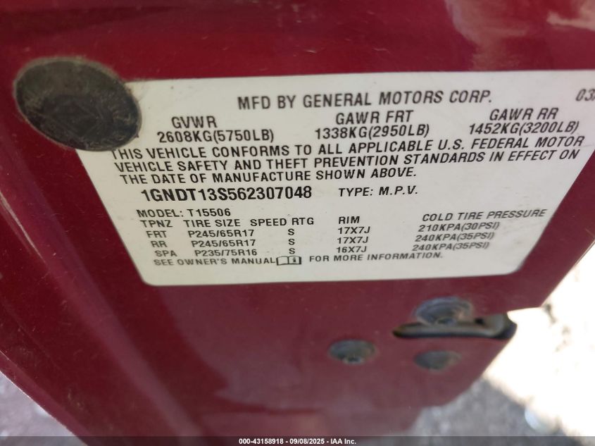 2006 Chevrolet Trailblazer Lt VIN: 1GNDT13S562307048 Lot: 43158918