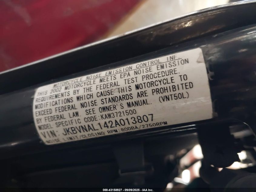 2002 Kawasaki Vn1500 L VIN: JKBVNAL142A013807 Lot: 43158927