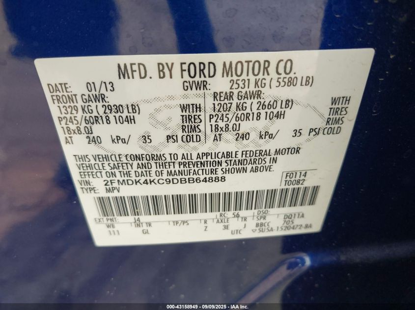 2013 Ford Edge Limited VIN: 2FMDK4KC9DBB64888 Lot: 43158949