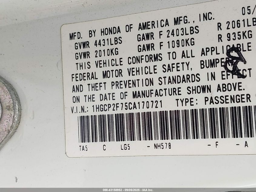 2012 Honda Accord 2.4 Ex VIN: 1HGCP2F75CA170721 Lot: 43158952