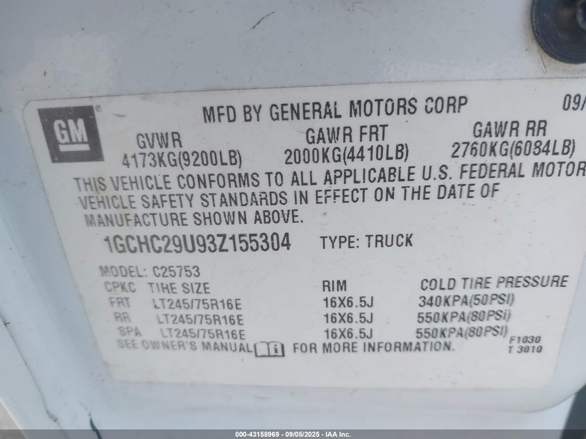 2003 Chevrolet Silverado 2500Hd VIN: 1GCHC29U93Z155304 Lot: 43158969