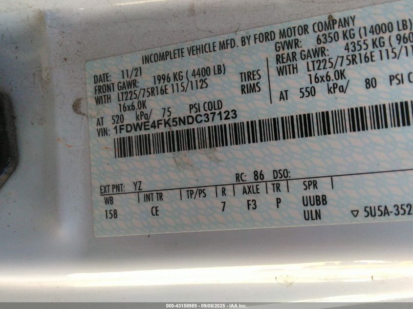 2022 Ford E-450 Cutaway VIN: 1FDWE4FK5NDC37123 Lot: 43158989