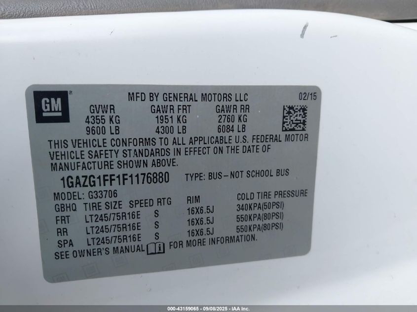 2015 Chevrolet Express 3500 Lt VIN: 1GAZG1FF1F1176880 Lot: 43159065