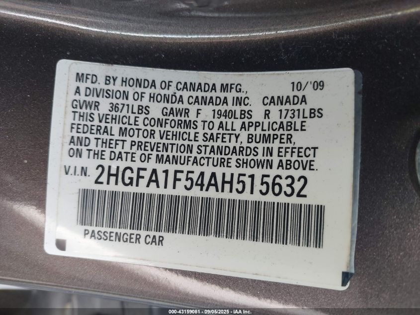 2010 Honda Civic Lx VIN: 2HGFA1F54AH515632 Lot: 43159081