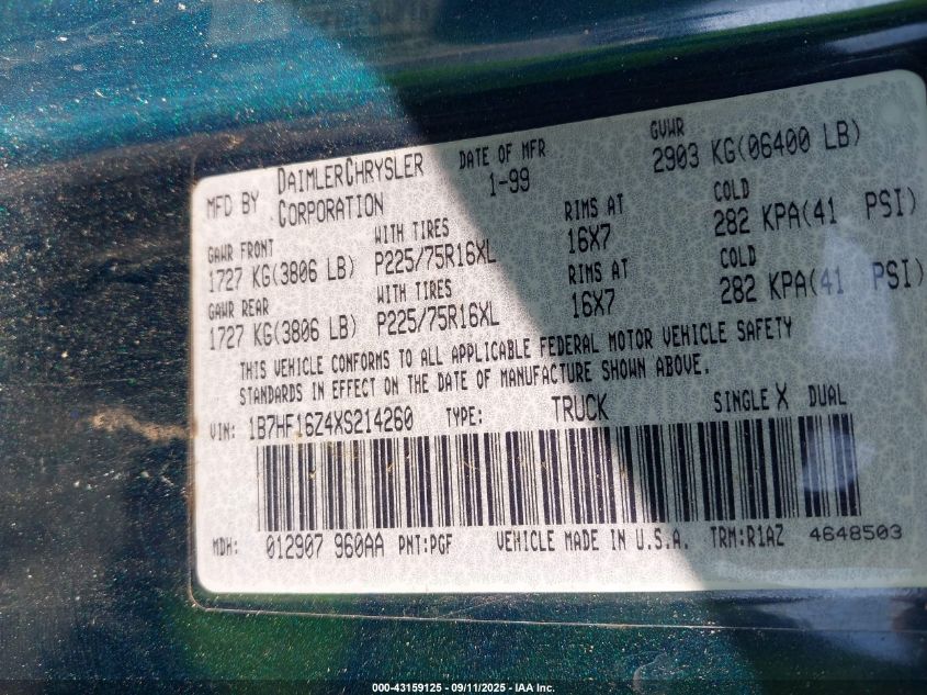 1999 Dodge Ram 1500 St VIN: 1B7HF16Z4XS214260 Lot: 43159125