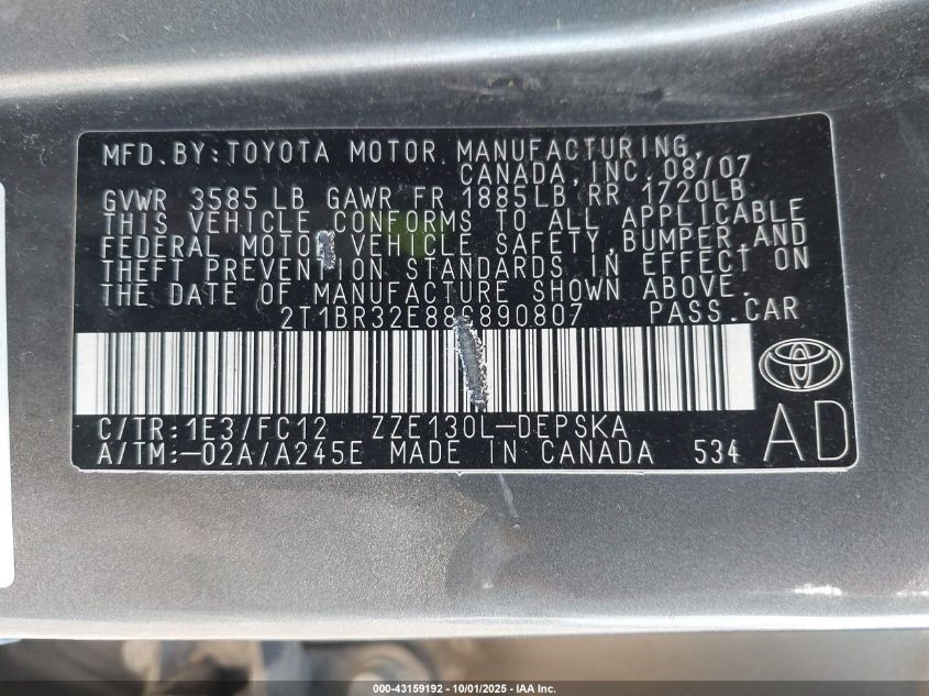 2008 Toyota Corolla S VIN: 2T1BR32E88C890807 Lot: 43159192