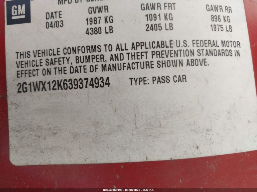 2003 Chevrolet Monte Carlo Ss VIN: 2G1WX12K639374934 Lot: 43159199