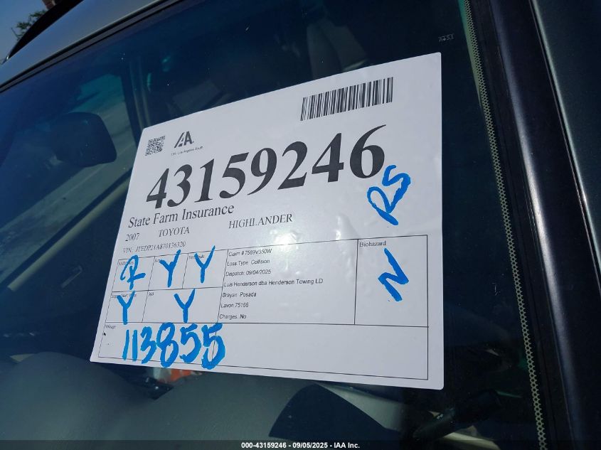 2007 Toyota Highlander Limited V6 VIN: JTEDP21A870136320 Lot: 43159246
