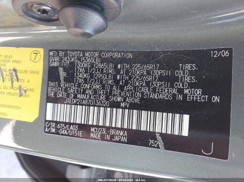 2007 Toyota Highlander Limited V6 VIN: JTEDP21A870136320 Lot: 43159246