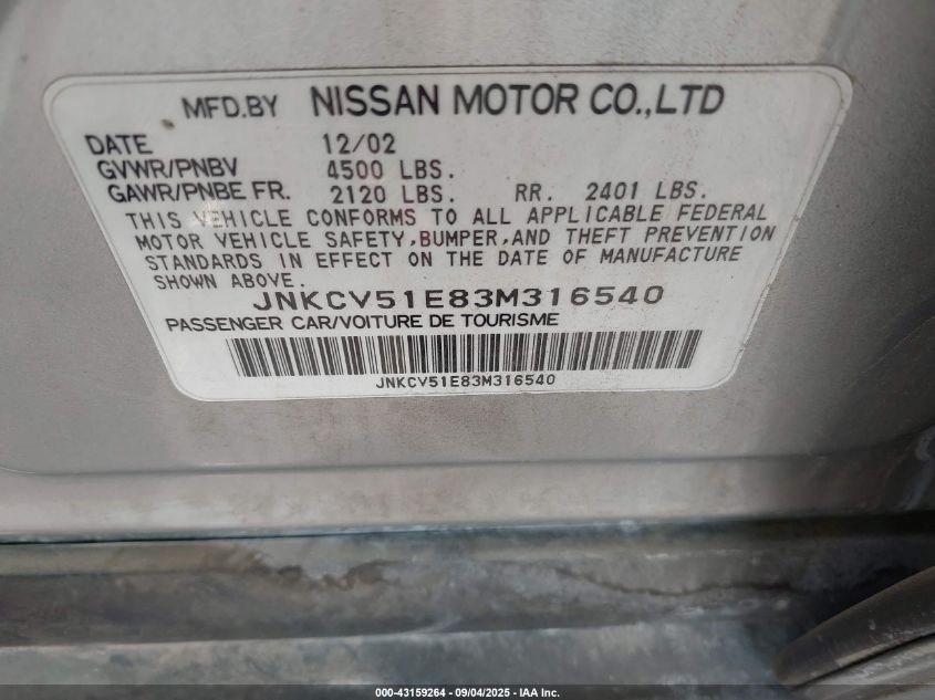2003 Infiniti G35 Luxury Leather VIN: JNKCV51E83M316540 Lot: 43159264