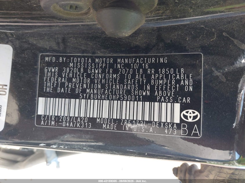 2017 Toyota Corolla Xse VIN: 5YFBURHE0HP590011 Lot: 43159305