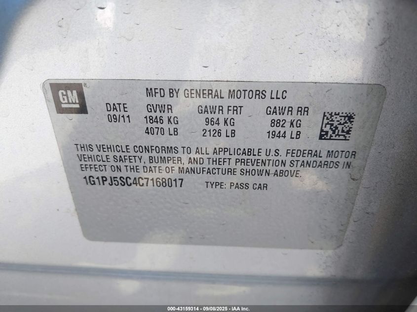 2012 Chevrolet Cruze Eco VIN: 1G1PJ5SC4C7168017 Lot: 43159314