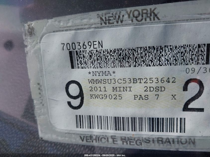 2011 Mini Cooper VIN: WMWSU3C53BT253642 Lot: 43159324