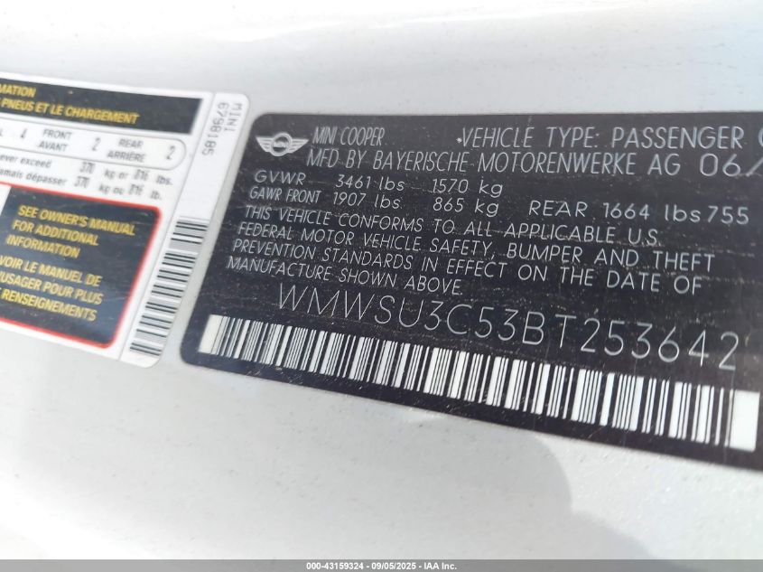 2011 Mini Cooper VIN: WMWSU3C53BT253642 Lot: 43159324
