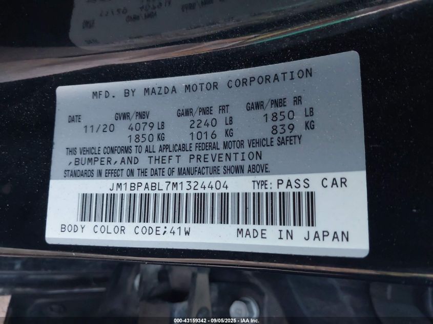 2021 Mazda Mazda3 Select VIN: JM1BPABL7M1324404 Lot: 43159342