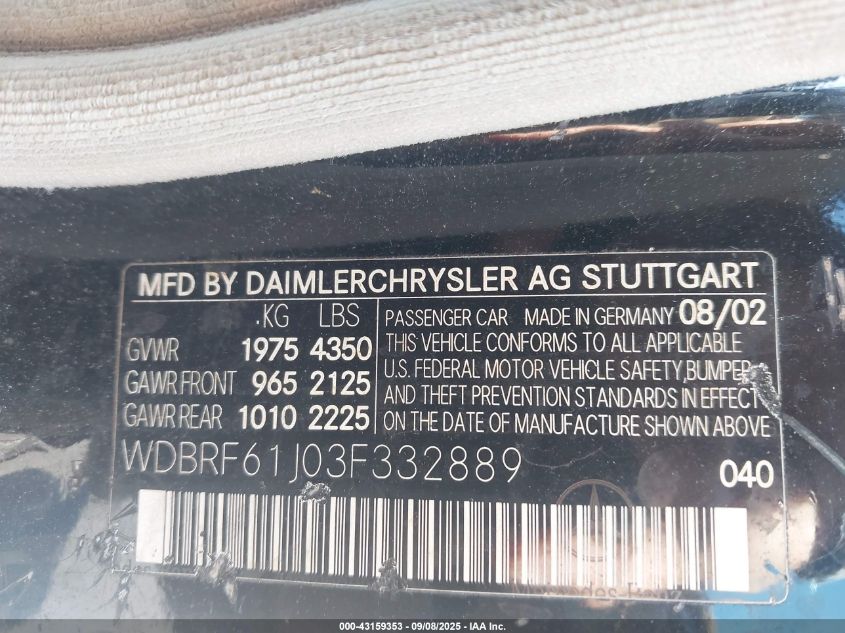 2003 Mercedes-Benz C 240 VIN: WDBRF61J03F332889 Lot: 43159353