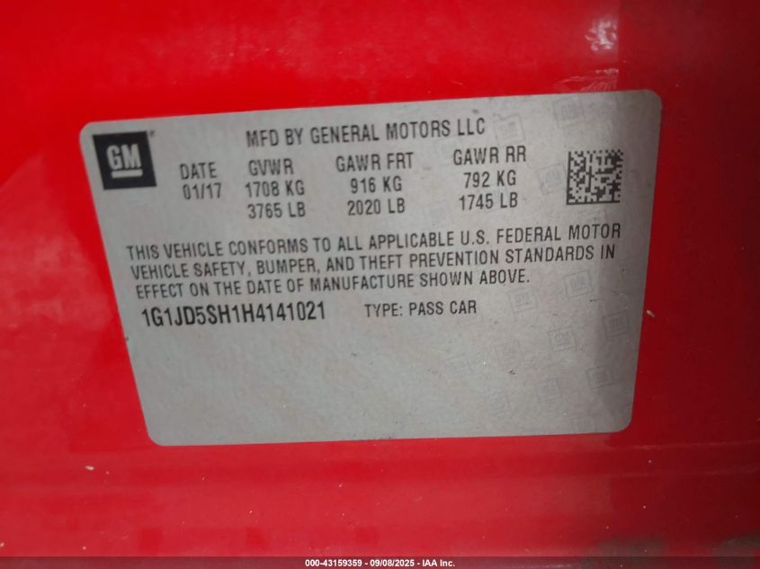 2017 Chevrolet Sonic Lt Auto VIN: 1G1JD5SH1H4141021 Lot: 43159359