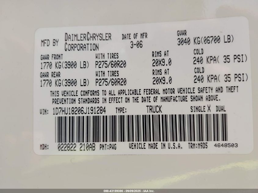2006 Dodge Ram 1500 Slt/Trx4 Off Road/Sport VIN: 1D7HU18206J191284 Lot: 43159386