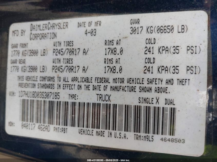 2003 Dodge Ram 1500 Slt/Laramie/St VIN: 1D7HU18D03S307185 Lot: 43159395