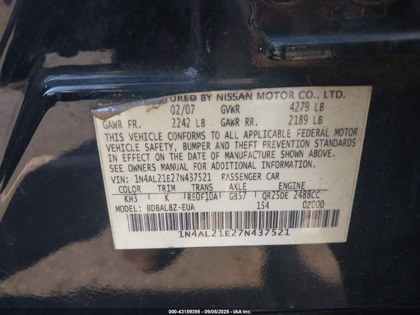 2007 Nissan Altima 2.5 S VIN: 1N4AL21E27N437521 Lot: 43159398