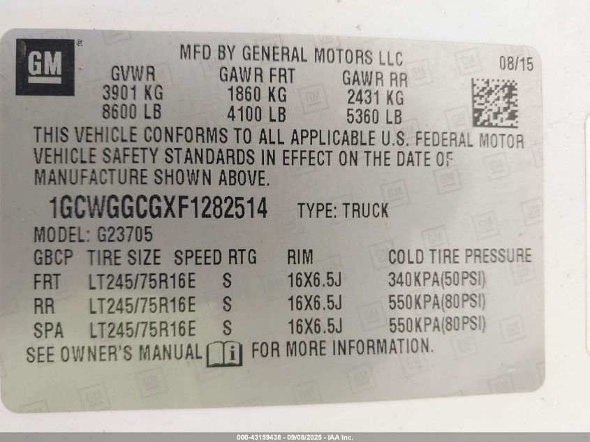 2015 Chevrolet Express 2500 Work Van VIN: 1GCWGGCGXF1282514 Lot: 43159438