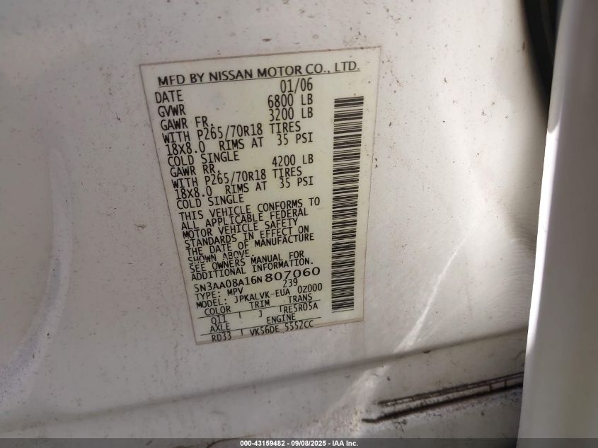 2006 Infiniti Qx56 VIN: 5N3AA08A16N807060 Lot: 43159482