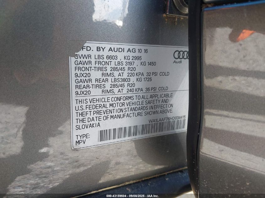 2017 Audi Q7 3.0T Premium VIN: WA1LAAF76HD034415 Lot: 43159504