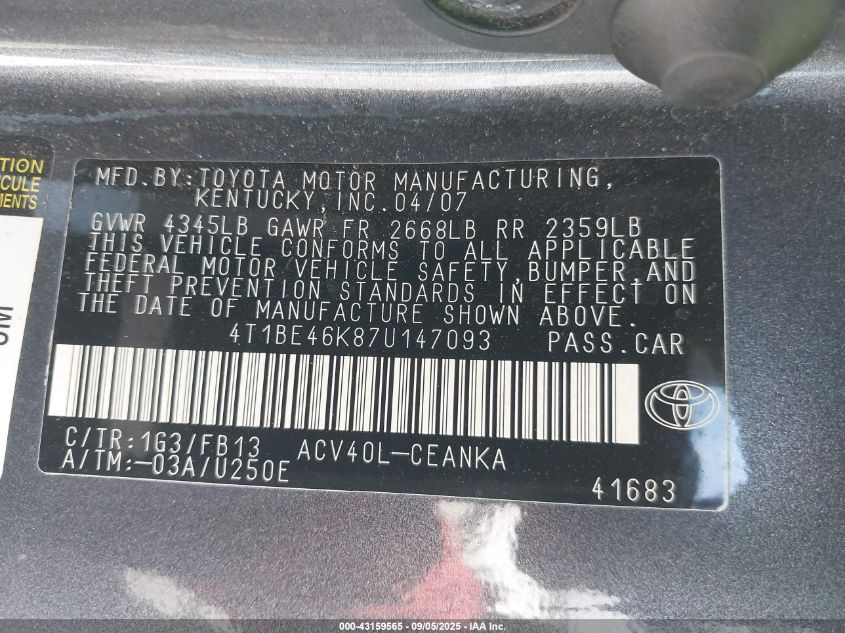 2007 Toyota Camry Le VIN: 4T1BE46K87U147093 Lot: 43159565