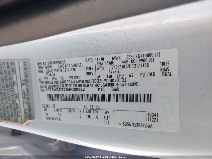 2021 Ford F-350 Xl VIN: 1FT8W3DT2MEC09322 Lot: 43159574