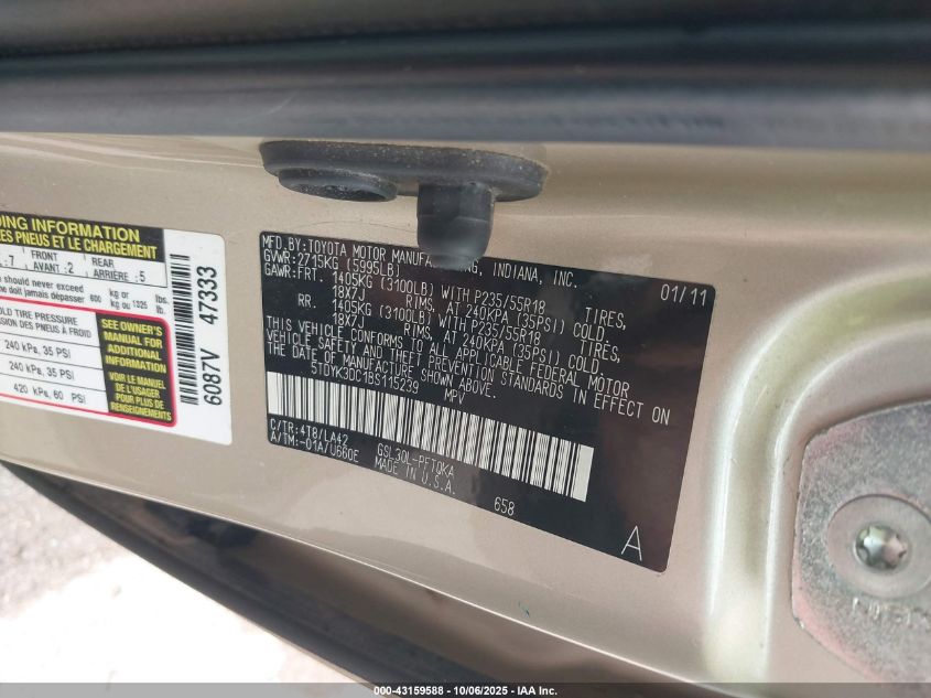 2011 Toyota Sienna Limited V6 VIN: 5TDYK3DC1BS115239 Lot: 43159588