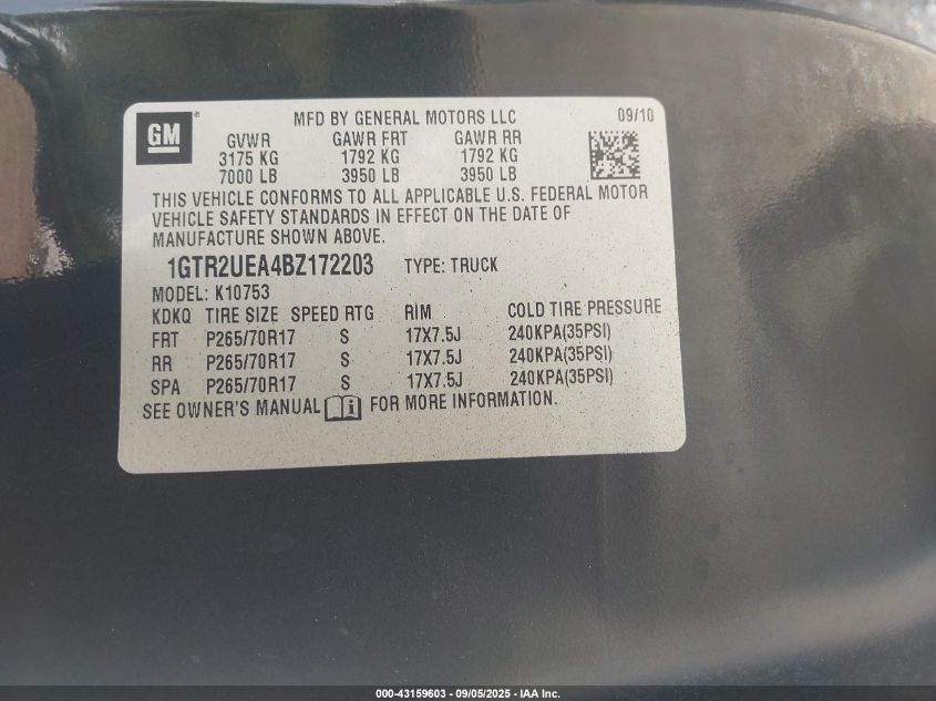 2011 GMC Sierra 1500 Sl VIN: 1GTR2UEA4BZ172203 Lot: 43159603