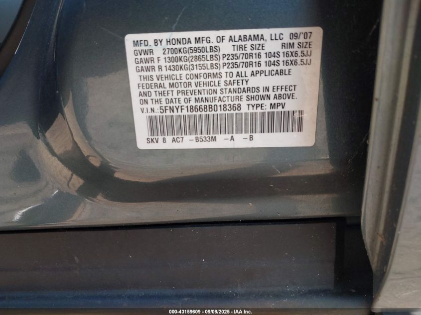 2008 Honda Pilot Ex-L VIN: 5FNYF18668B018368 Lot: 43159609