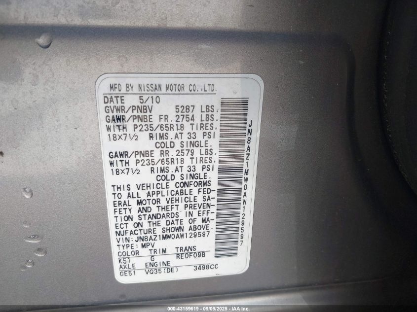 2010 Nissan Murano Sl VIN: JN8AZ1MW0AW129597 Lot: 43159619