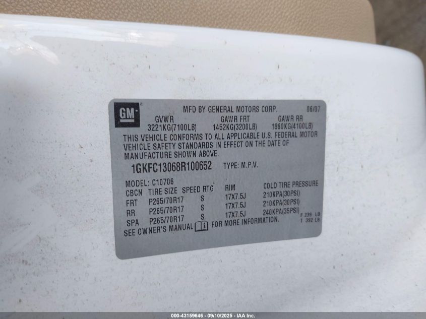 2008 GMC Yukon Slt VIN: 1GKFC13068R100652 Lot: 43159646