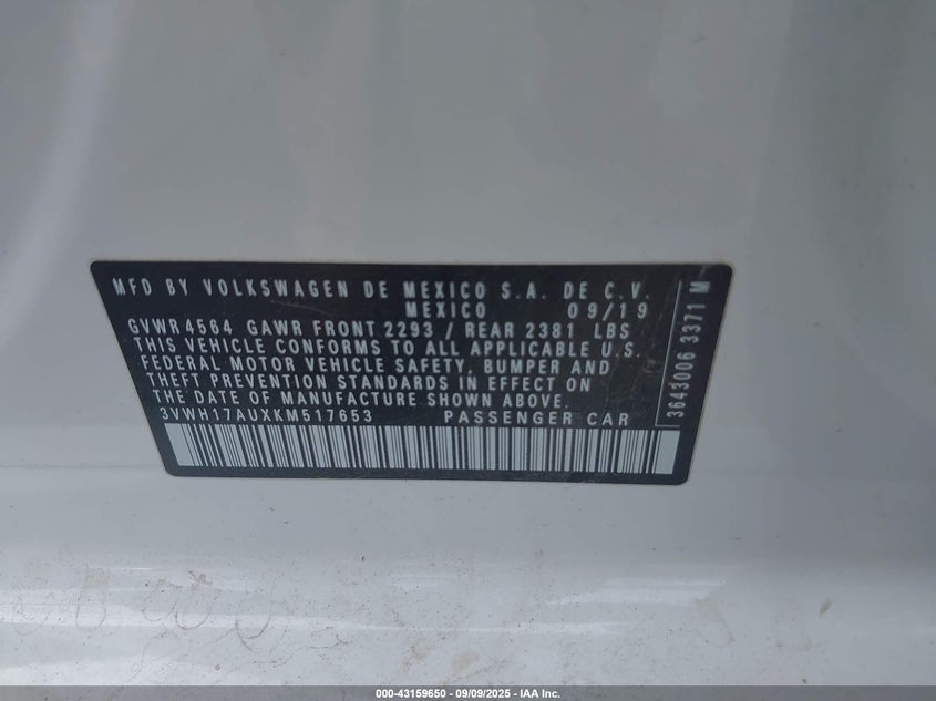 2019 VOLKSWAGEN GOLF ALLTRACK TSI S/TSI SE/TSI SEL - 3VWH17AUXKM517653