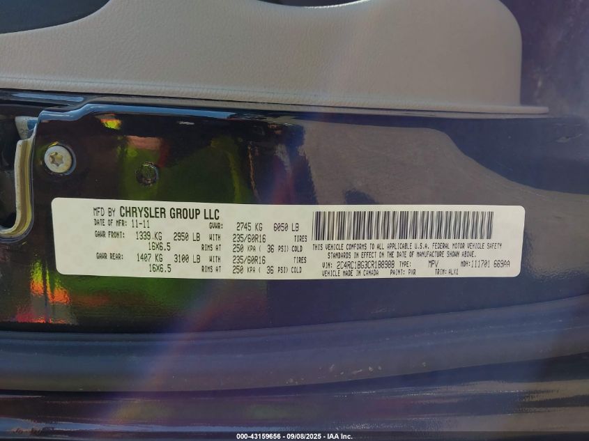 2012 Chrysler Town & Country Touring VIN: 2C4RC1BG3CR188988 Lot: 43159656