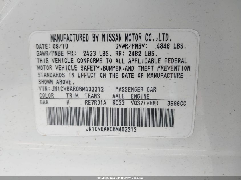 2011 Infiniti G37X VIN: JN1CV6AR0BM402212 Lot: 43159674