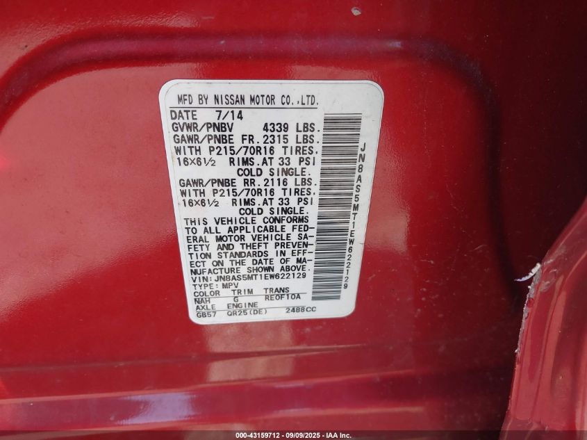 2014 Nissan Rogue Select S VIN: JN8AS5MT1EW622129 Lot: 43159712