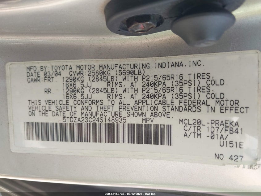 5TDZA23C24S148935 2004 TOYOTA SIENNA photo no. 9