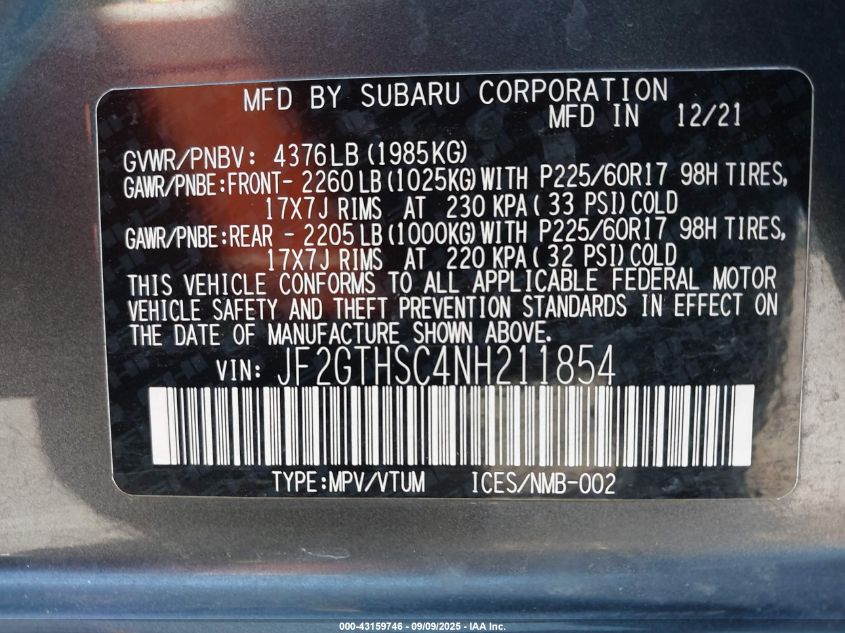 2022 Subaru Crosstrek Sport VIN: JF2GTHSC4NH211854 Lot: 43159746