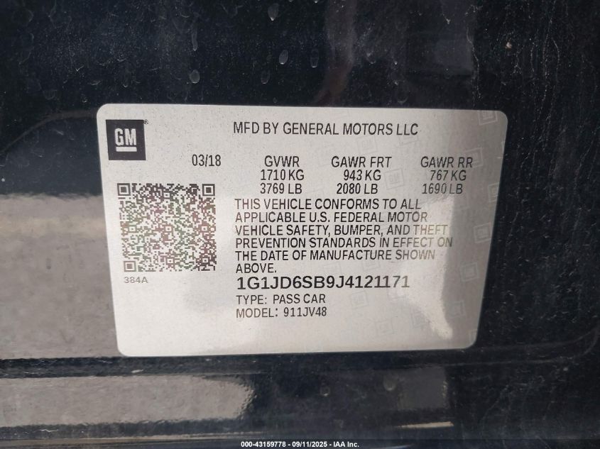 2018 Chevrolet Sonic Lt Auto VIN: 1G1JD6SB9J4121171 Lot: 43159778